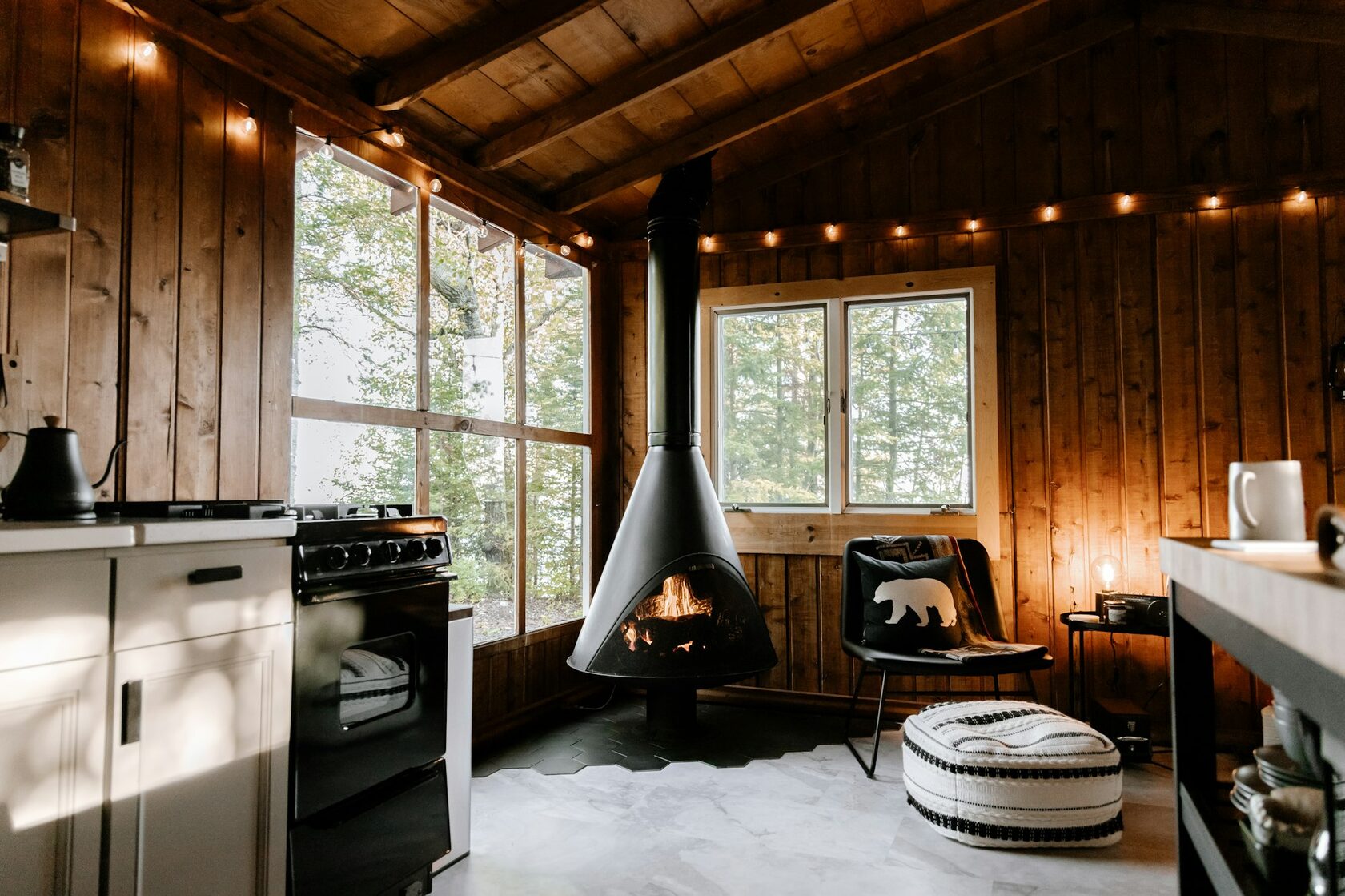 Inside a rustic timber cabin with warm wooden walls